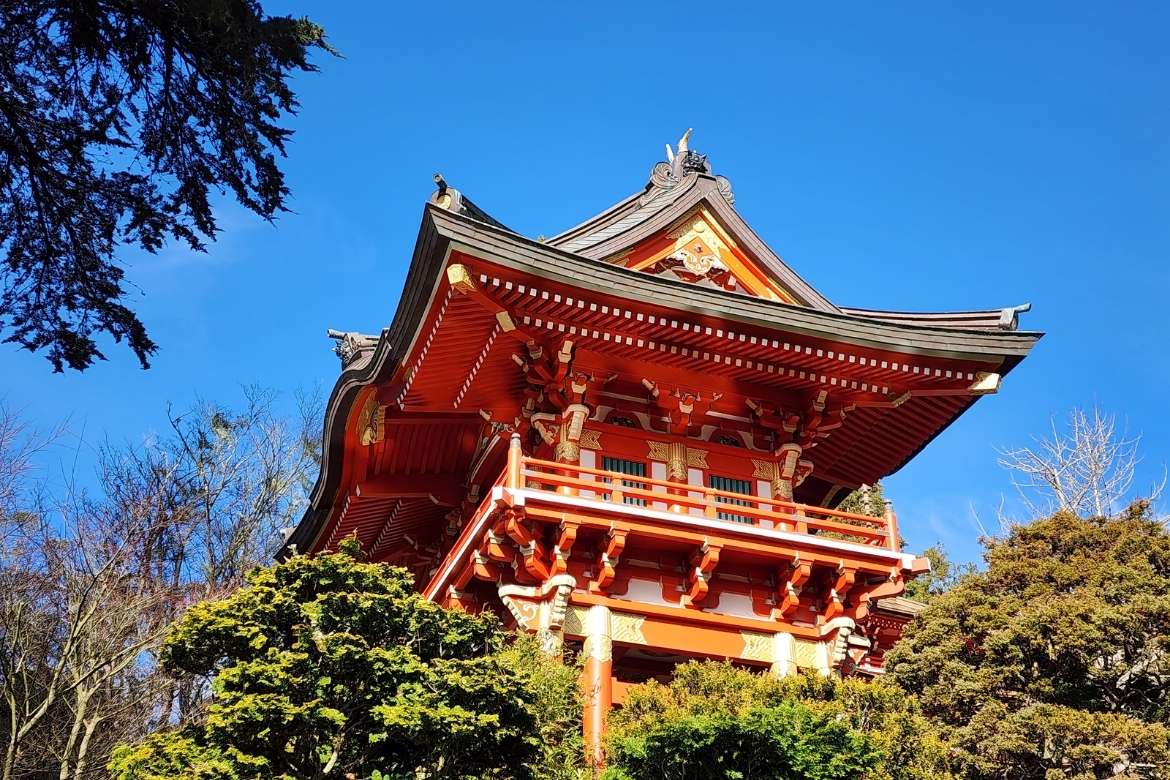 a building with a roof and trees